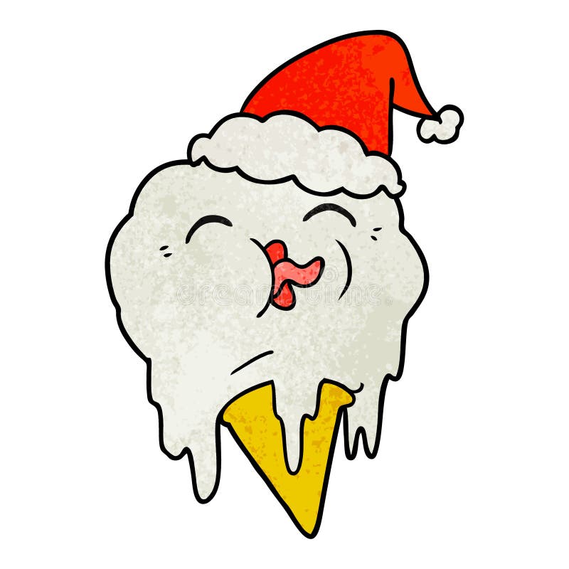 textured cartoon of a melting ice cream wearing santa hat