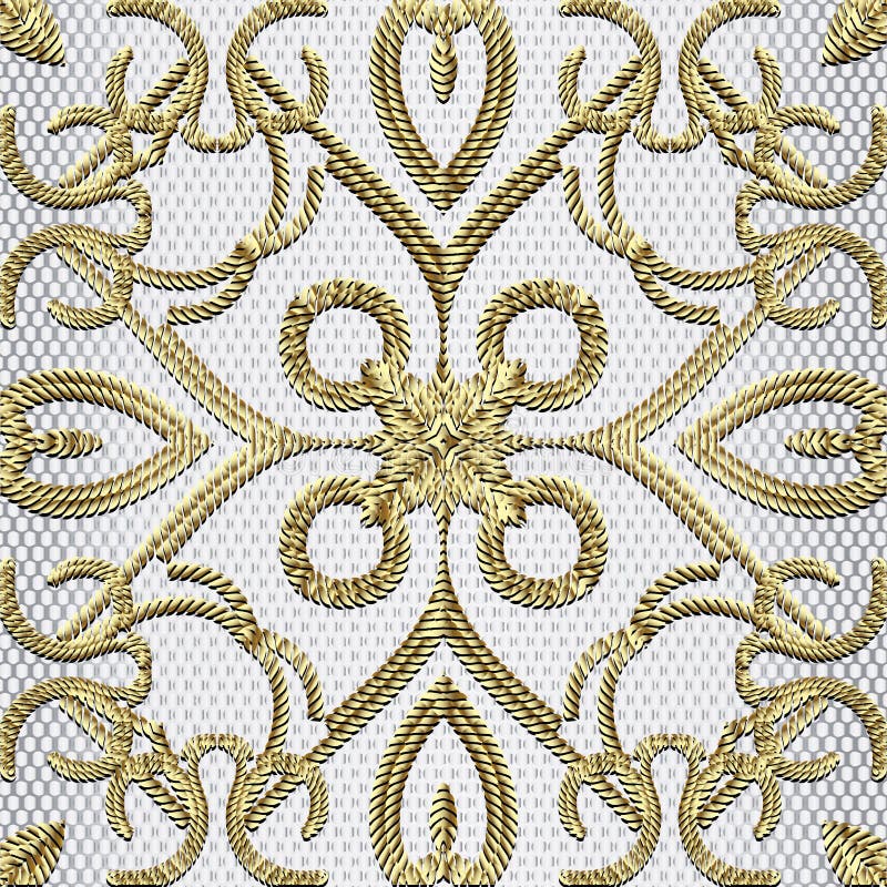 Textured Gold 3d Seamless Pattern. Tapestry Floral Vector Silver