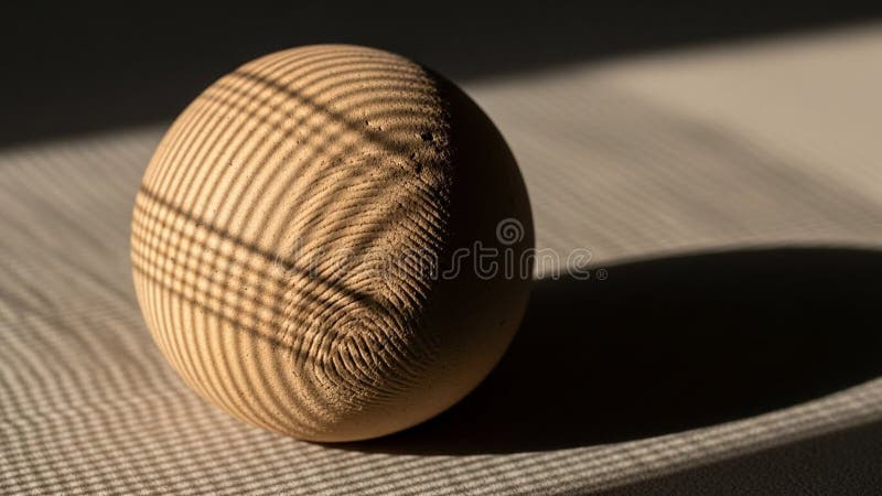 Wooden sphere rests on a surface with sunlight casting a grid vector illustration