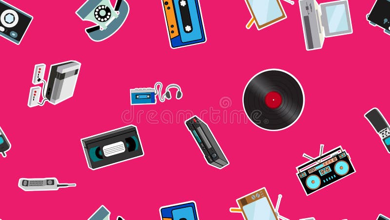 Textură fără sudură a înregistratoarelor electronice vechi de tip TV cu autocolant de tip TV cu reportofon audio cu casetă video stock illustration