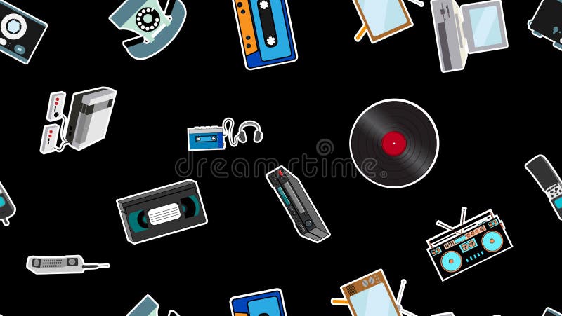 Textură fără sudură a înregistratoarelor electronice vechi de tip TV cu autocolant de tip TV cu reportofon audio cu casetă video royalty free illustration