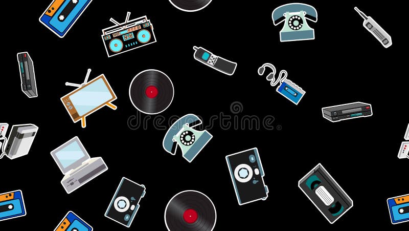 Textură fără sudură a înregistratoarelor electronice vechi de tip TV cu autocolant de tip TV cu reportofon audio cu casetă video royalty free illustration