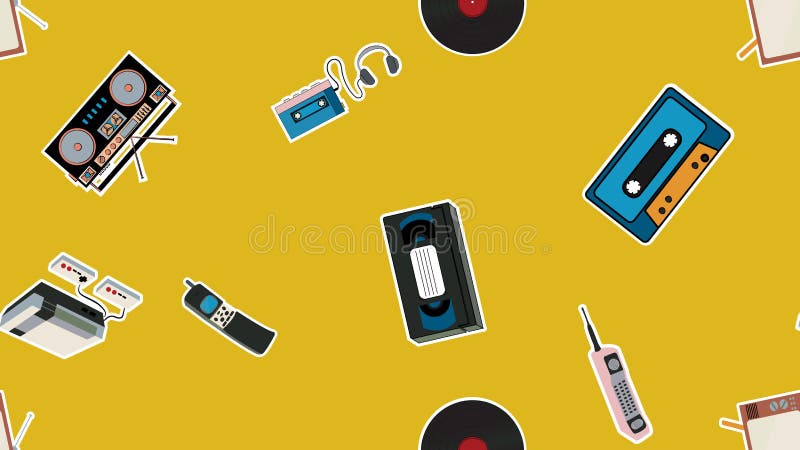 Textură fără sudură a înregistratoarelor electronice vechi de tip TV cu autocolant de tip TV cu reportofon audio cu casetă video vector illustration