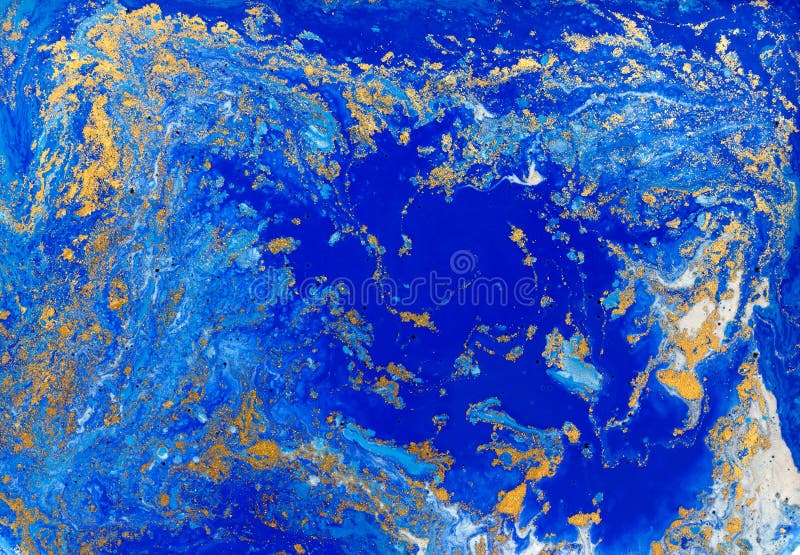 Textură lichidă albastră și aurie, acuarelă colorată desenată cu o ilustrație abstractă stock image
