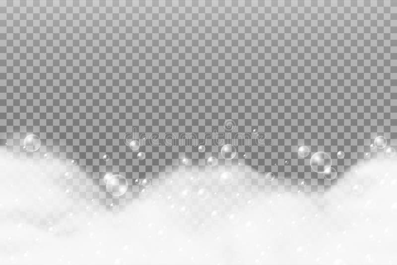 Textură realistă a spumei de baie cu bule de săpun pe fond transparent. fond de spălare cu spumă cu spumă de baie cu șampon sau să royalty free illustration