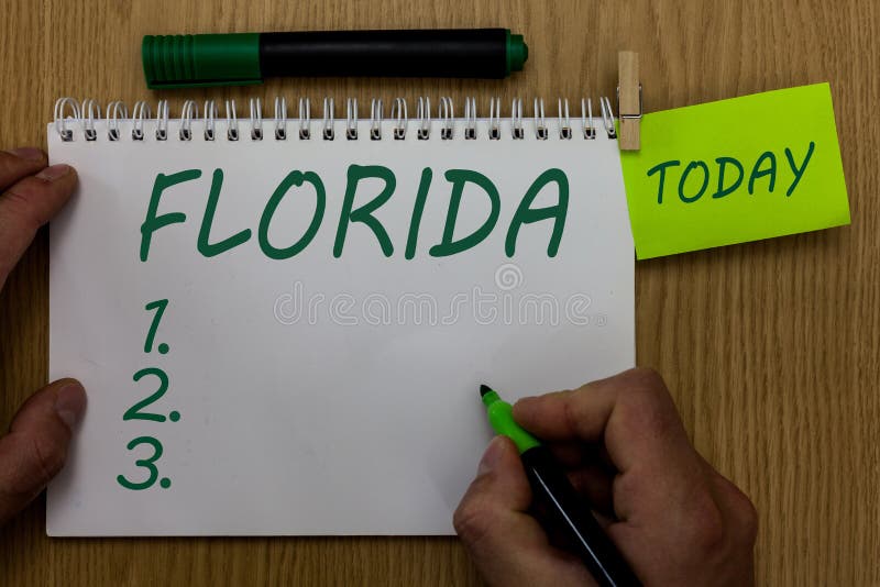 Text sign showing Florida. Conceptual photo State in southeastern region of United States Sunny place Beaches Man holding marker notebook clothespin reminder wooden table cup coffee. Text sign showing Florida. Conceptual photo State in southeastern region of United States Sunny place Beaches Man holding marker notebook clothespin reminder wooden table cup coffee