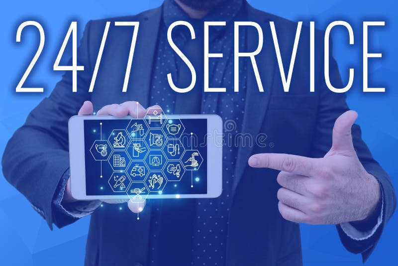 Sign displaying 24 Or 7 Service, Business concept Always available to serve Runs constantly without disruption Man holding Screen Of Mobile Phone Showing The Futuristic Technology. Sign displaying 24 Or 7 Service, Business concept Always available to serve Runs constantly without disruption Man holding Screen Of Mobile Phone Showing The Futuristic Technology.