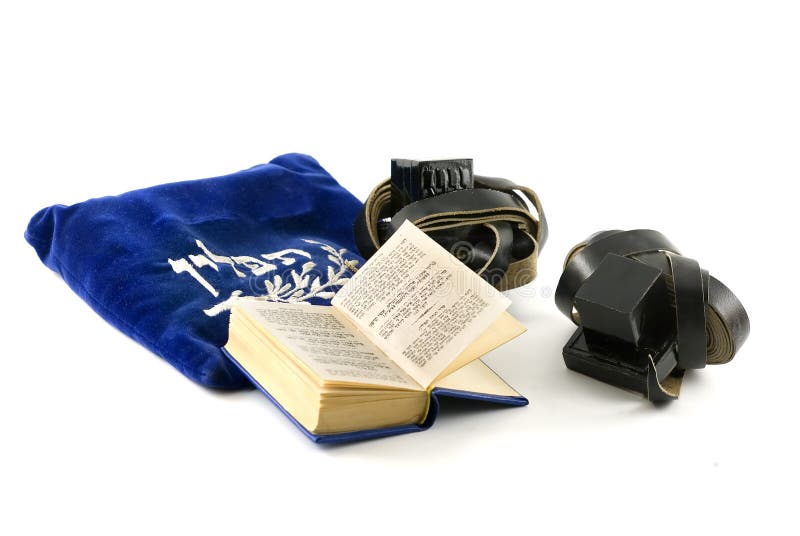 Tefillin - phylacteries worn by Jewish men for morning prayers, Siddur - Jewish prayerbook and bag isolated on white. Kosher stock images, royalty-free photos and pictures
