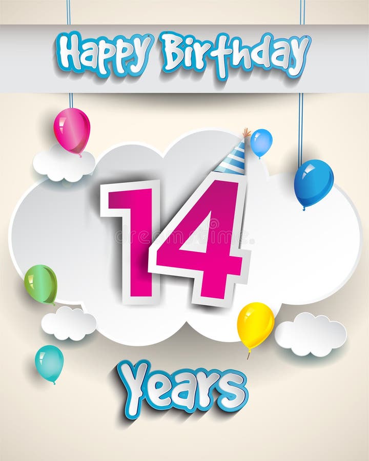 14th Anniversary Celebration Design, with Clouds and Balloons, Confetti ...