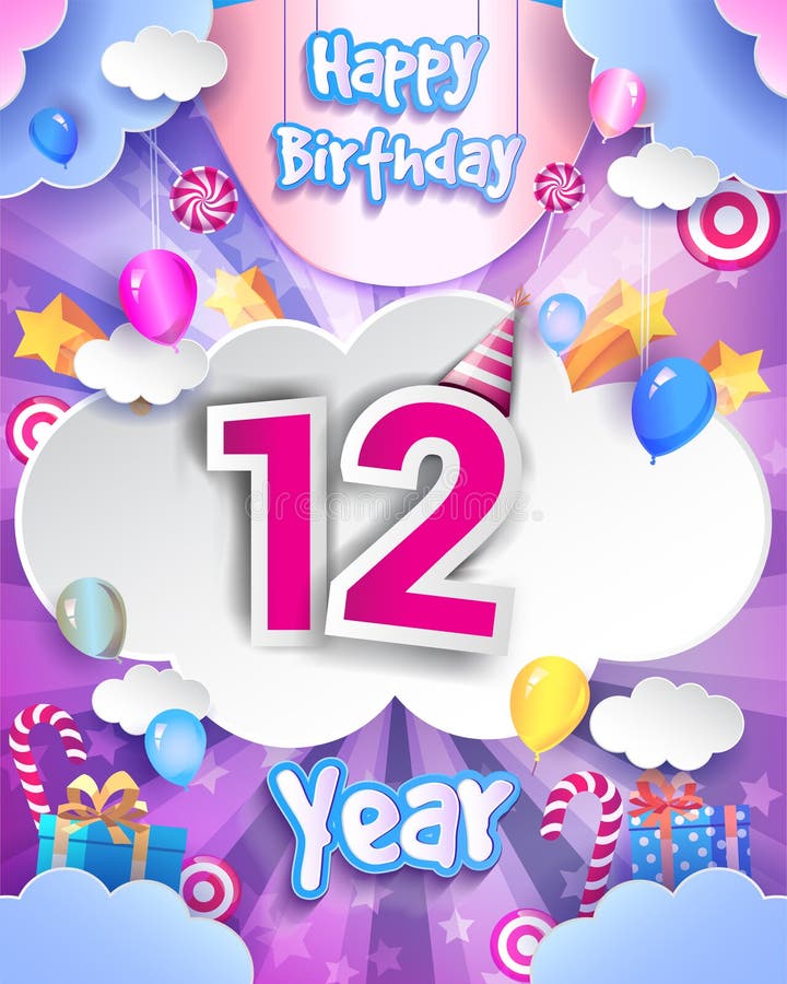12th Birthday Celebration Greeting Card Design, with Clouds and ...