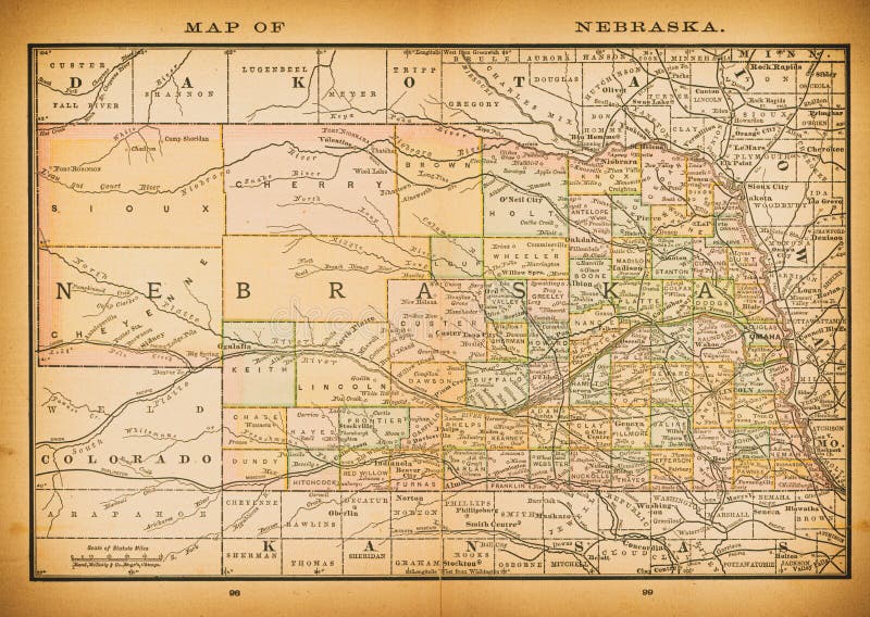 19th century map of Nebraska. Published in New Dollar Atlas of the United States and Dominion of Canada. Rand McNally & Co`s, Chicago, 1884