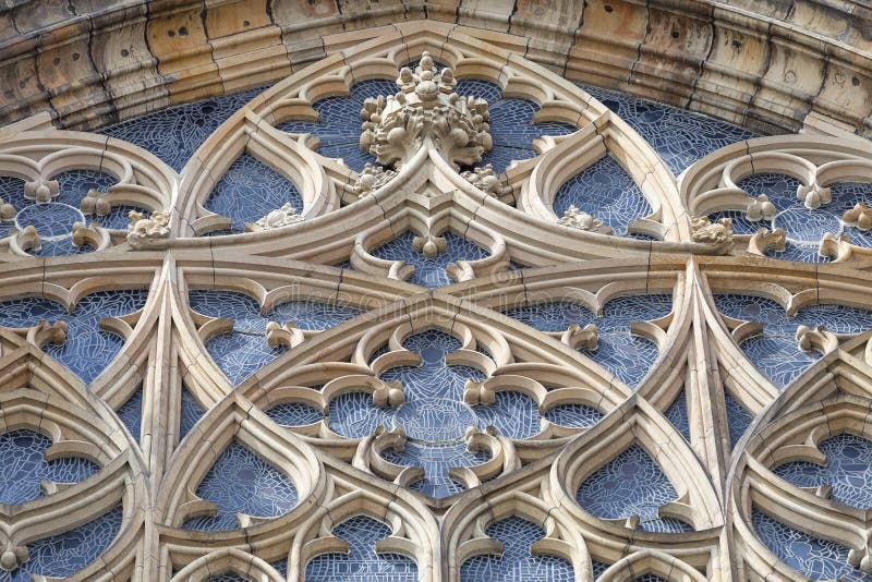 14th century St. Vitus Cathedral , rose window, facade, Prague,Czech Republic
