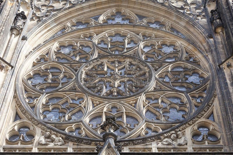 14th century St. Vitus Cathedral , rose window, facade, Prague, Czech Republic