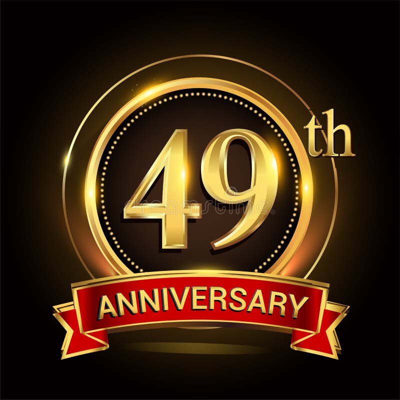 49th Birthday Logo with Silver Ring and Blue Ribbon, Vector Design