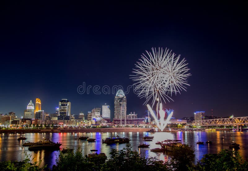 Fireworks exploding over the Ohio River at a Fourth of July festival in Cincinnati, Ohio. Fireworks exploding over the Ohio River at a Fourth of July festival in Cincinnati, Ohio.