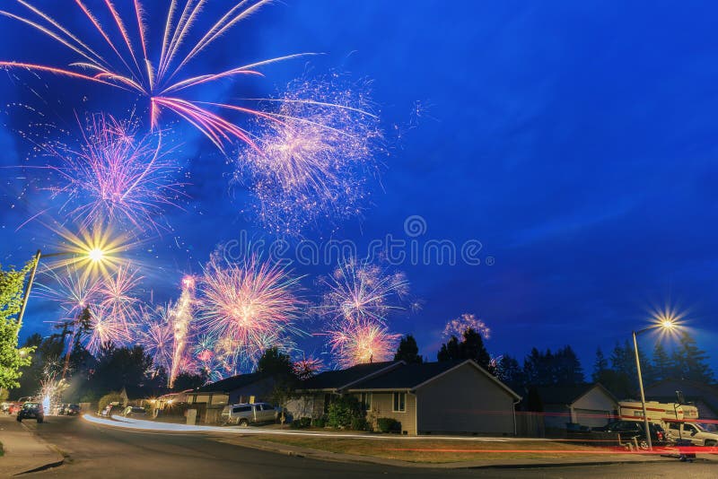 4th Of July Fireworks At Night In The Neighborhood Stock Image Image