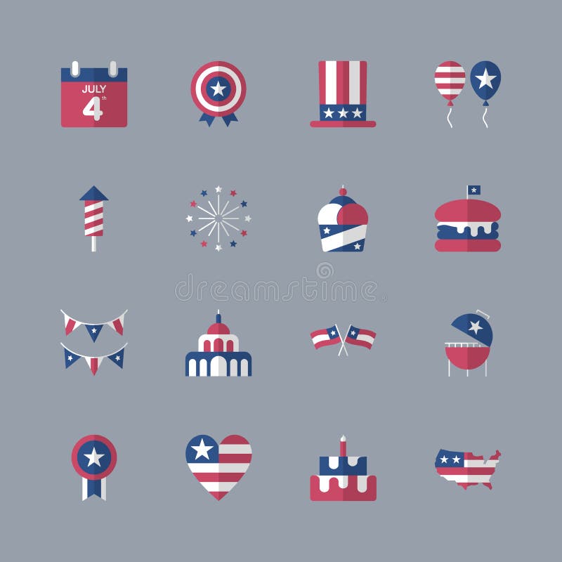 4th of July, Independence Day Icons. Modern Flat Design Set Stock