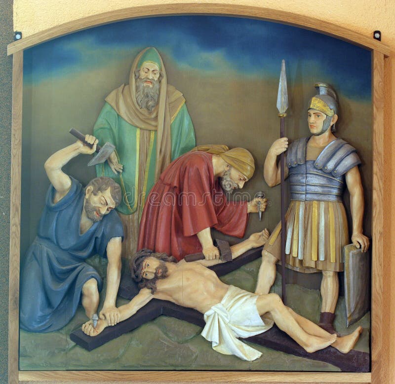 11th Stations of the Cross, Crucifixion: Jesus is nailed to the cross, Church of the Blessed Aloysius Stepinac in Budasevo, Croatia. 11th Stations of the Cross, Crucifixion: Jesus is nailed to the cross, Church of the Blessed Aloysius Stepinac in Budasevo, Croatia