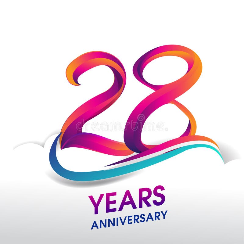 28th Years Anniversary Logo with White Ribbon Isolated on Red
