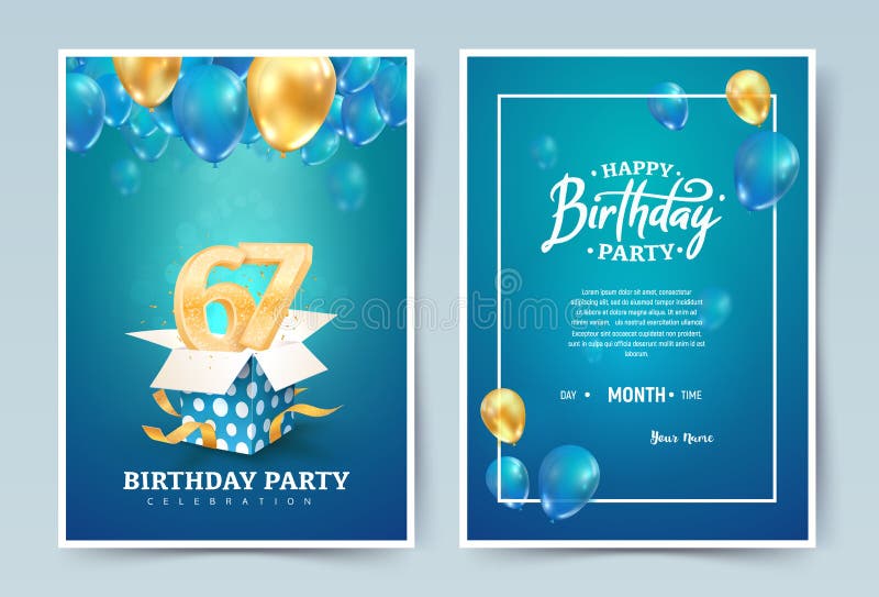 67th years birthday vector invitation double card. Sixty seven years wedding anniversary celebration brochure. Template