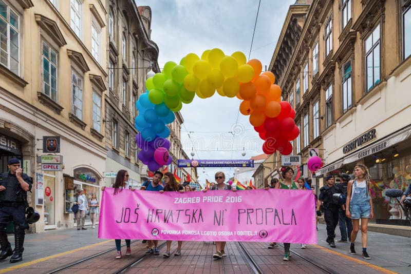 15th Zagreb pride. LGBTIQ activists holding pride banner. royalty free stock photography 15th Zagreb pride. LGBTIQ activists holding pride banner. royalty free stock photography
