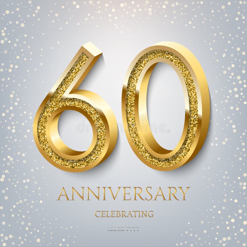 60th årsdag som firar guld- text och konfettier på ljust - blå bakgrund Händelse för årsdag för vektorberöm 60 royaltyfri illustrationer