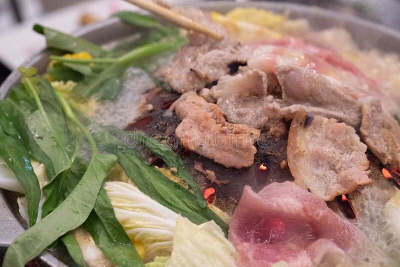 Thai Barbecue Grill Pork on Hot Pan Buffet Stock Image Image of meat
