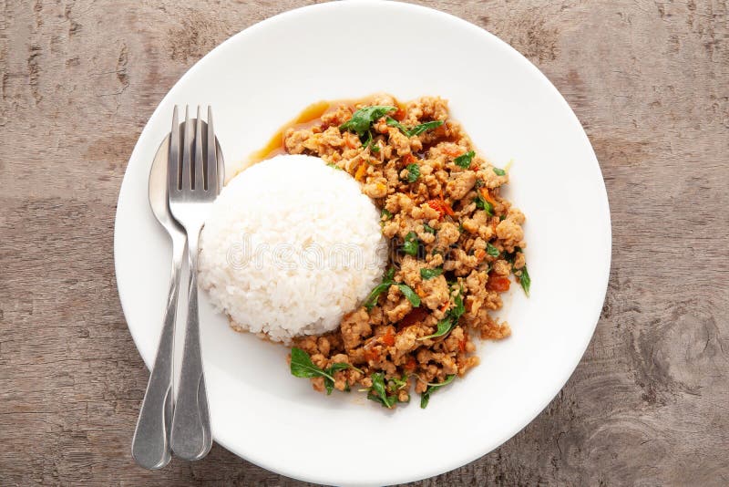 Thai Basil Minced Pork. Rice Topped with Thai Basil Minced Pork, Thai Food Stock Image Image