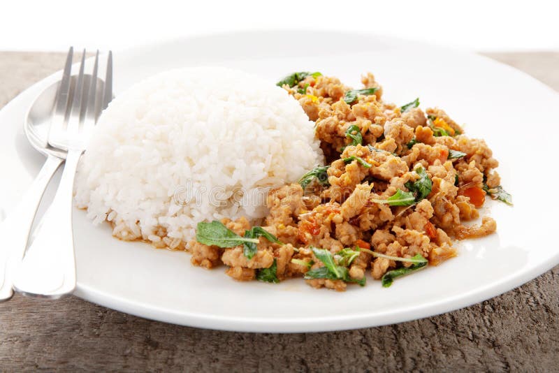 Thai Basil Minced Pork. Rice Topped with Thai Basil Minced Pork, Thai Food Stock Photo Image