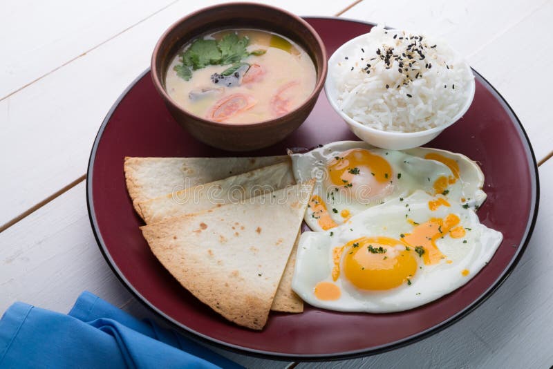 Asian Breakfast of Rice, Soup and Fried Eggs Stock Photo Image of