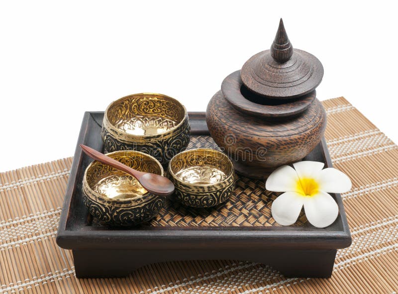 Thai carving brass and wooden bowl in wooden tray