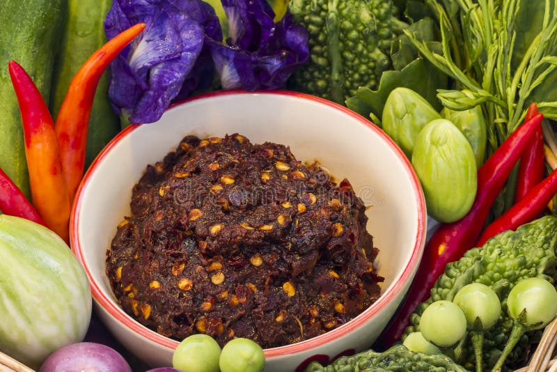 Thai Chili Paste,Chili Paste in a White Ceramic Cup Surrounded by Green