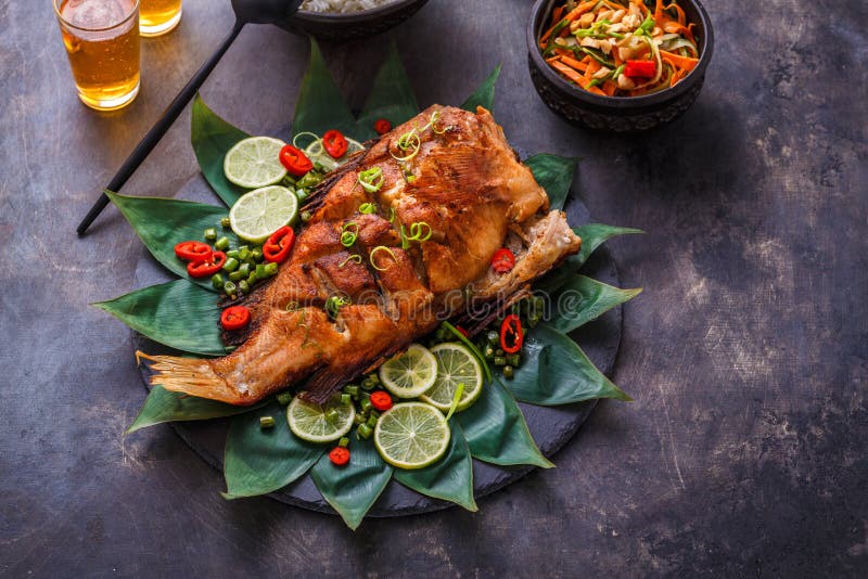 Thai Crispy Fish with Tamarind Sauce, Copy Space Stock Image Image of