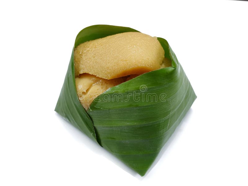 Thai dessert style, Top view of sweet sticky rice with Thai custard or Khao Neow Sang Kaya on banana leaf