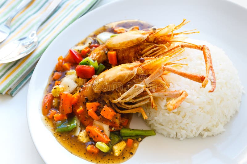 Thai Food, Deepfried Prawns with Black Pepper Sauce. Stock Image