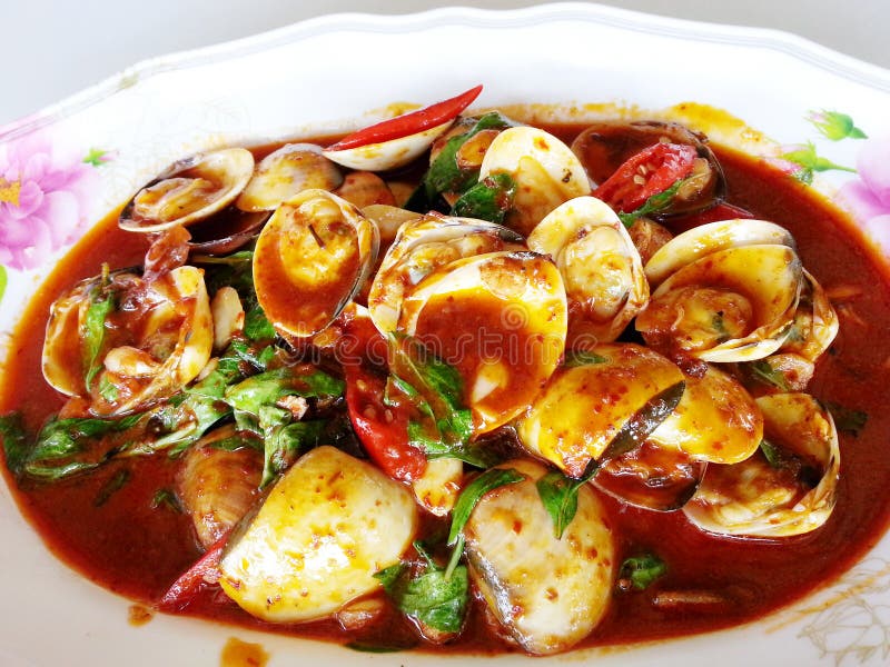 Thai Food Enamel Venus Shell Stir Fried with Chili Paste Stock Image