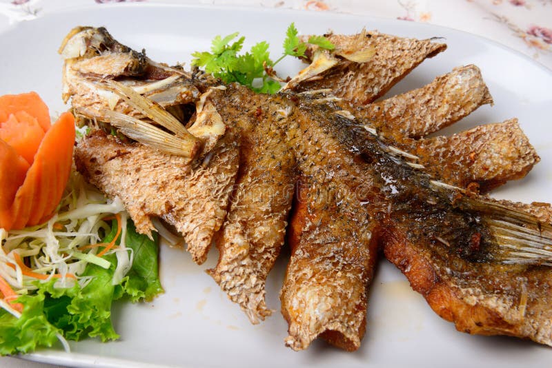 Thai Food Name Deep Fried Snapper with Sweet Fish Sauce Stock Image