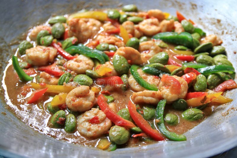 Thai Food in a Pan Spicy Stir-fry with Prawns, Broccoli and Shrimp