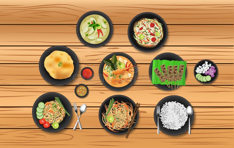 Thai food set popular, Chicken Sweet Curry, Tom yum kung, Papaya salad, Shrimp fried rice, Pad thai, Pork Satay, omelet, Rice, vector.