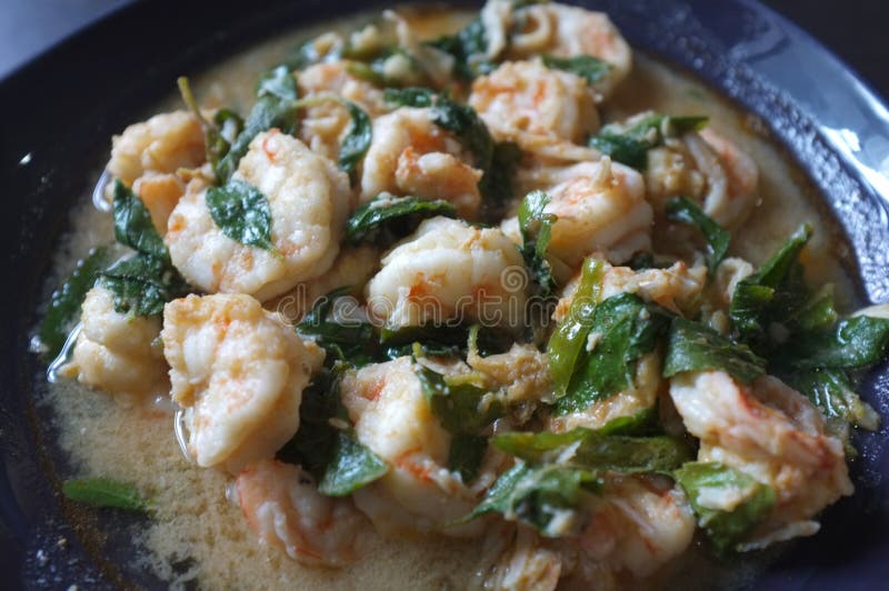 Thai Food, Shrimp ,with Chili Pepper and Thai Basil Stock Image Image