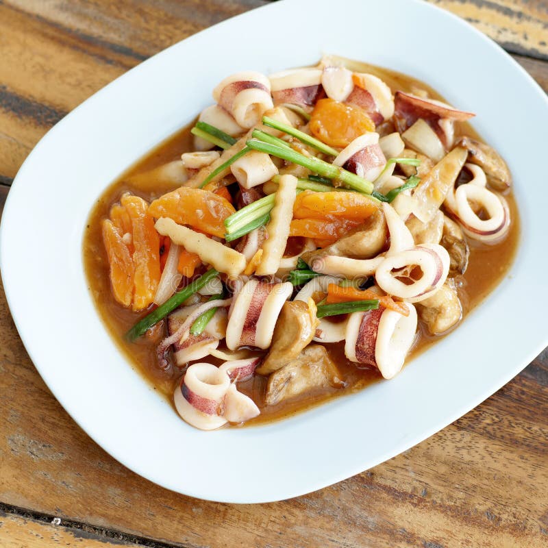 Thai Food, Stir Fried Squid with Salted Egg Yolk Stock Image Image of