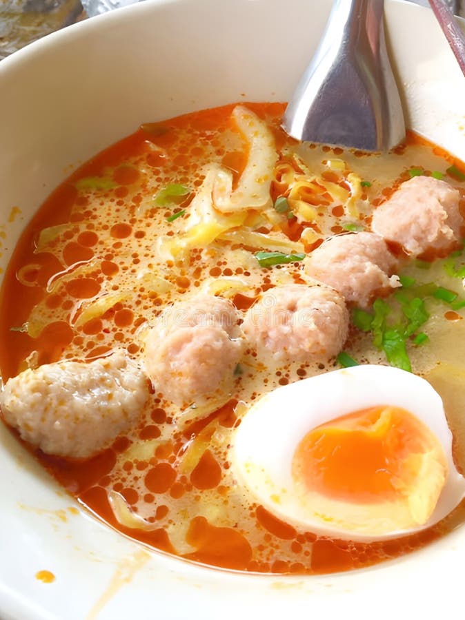 Thai Food Style Soup with Egg and Chicken Curry. Spicy Noodle Soup ...