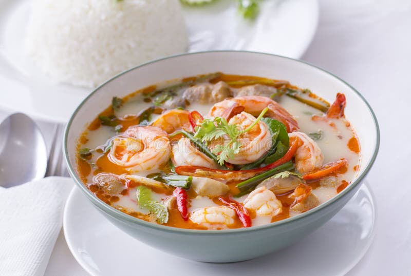 Thai Food, Tom Yam Goong, in white with steamed rice stock photography Thai Food, Tom Yam Goong, in white with steamed rice stock photography