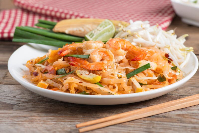 Thai Fried Noodles `Pad Thai` with Shrimp and Vegetables. Stock Photo Image of rice, fried