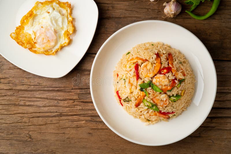 Thai Fried Rice with Shrimp and Basil with Fried Egg.Top View Stock