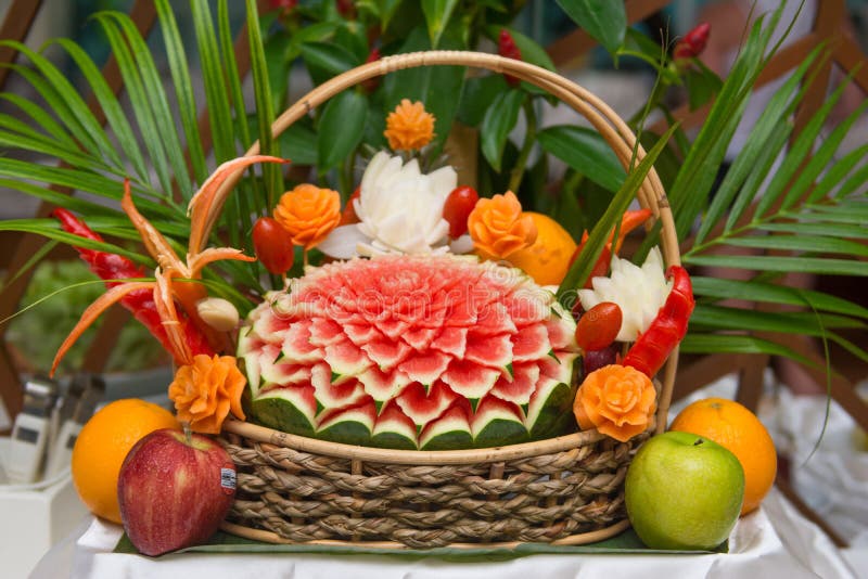 Thai Fruit Carving in Wicker Basket Stock Image Image of decoration