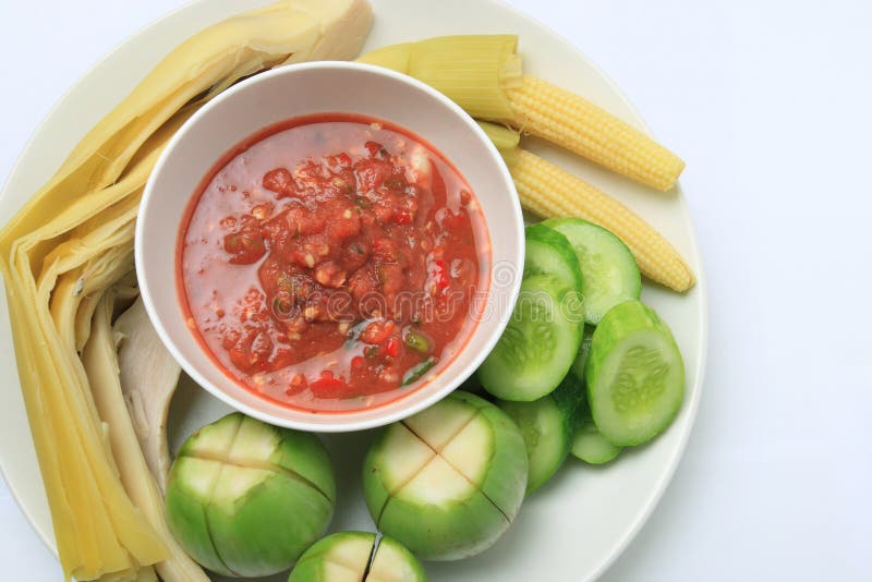 Top view of Thai food spicy sauce with shrim paste and vegetable. Top view of Thai food spicy sauce with shrim paste and vegetable