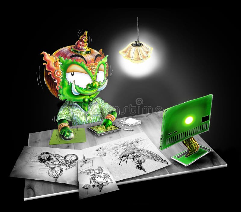 Thai Giant Click mouse working computer vector illustration
