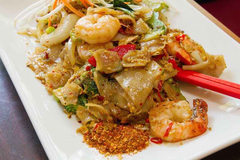 Thai Pad Kee Mao Rice Noodle with Prawns Dish Stock Photo Image of