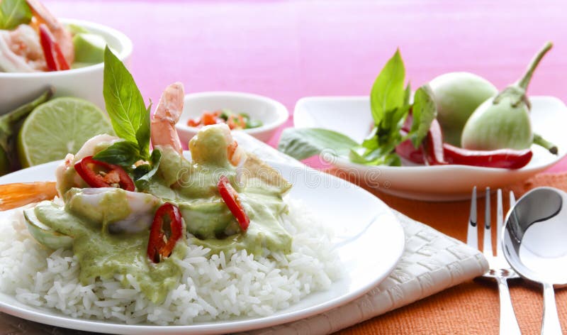 Thai Prawn Green Curry Over Rice. Stock Photo - Image of props, garnish